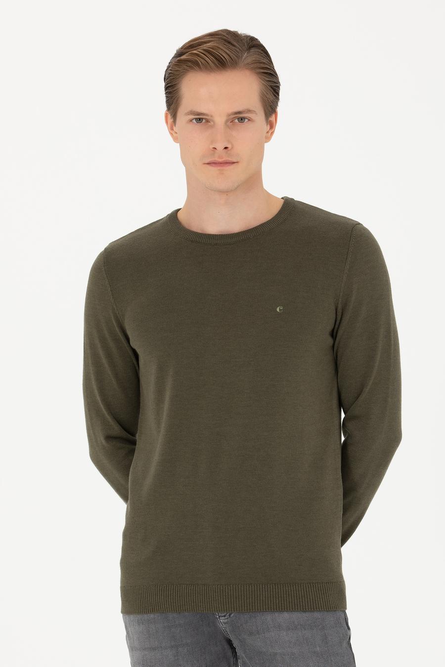 Haki Slim Fit Pamuk Karışımlı Bisiklet Yaka Basic Triko Kazak - 50270175053