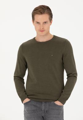 Haki Slim Fit Pamuk Karışımlı Bisiklet Yaka Basic Triko Kazak