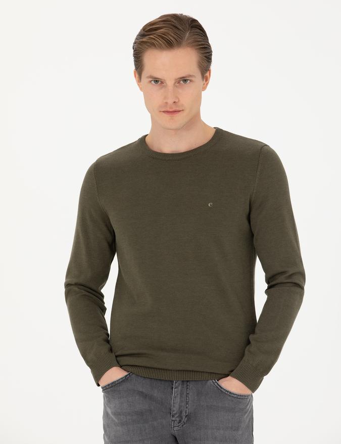 Haki Slim Fit Pamuk Karışımlı Bisiklet Yaka Basic Triko Kazak