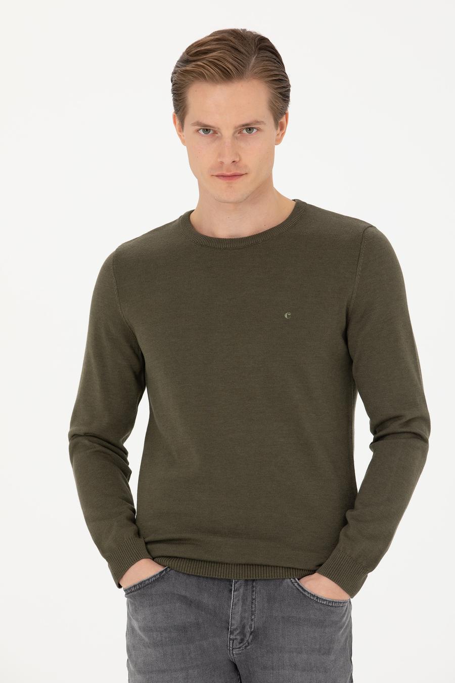 Haki Slim Fit Pamuk Karışımlı Bisiklet Yaka Basic Triko Kazak - 50270175053