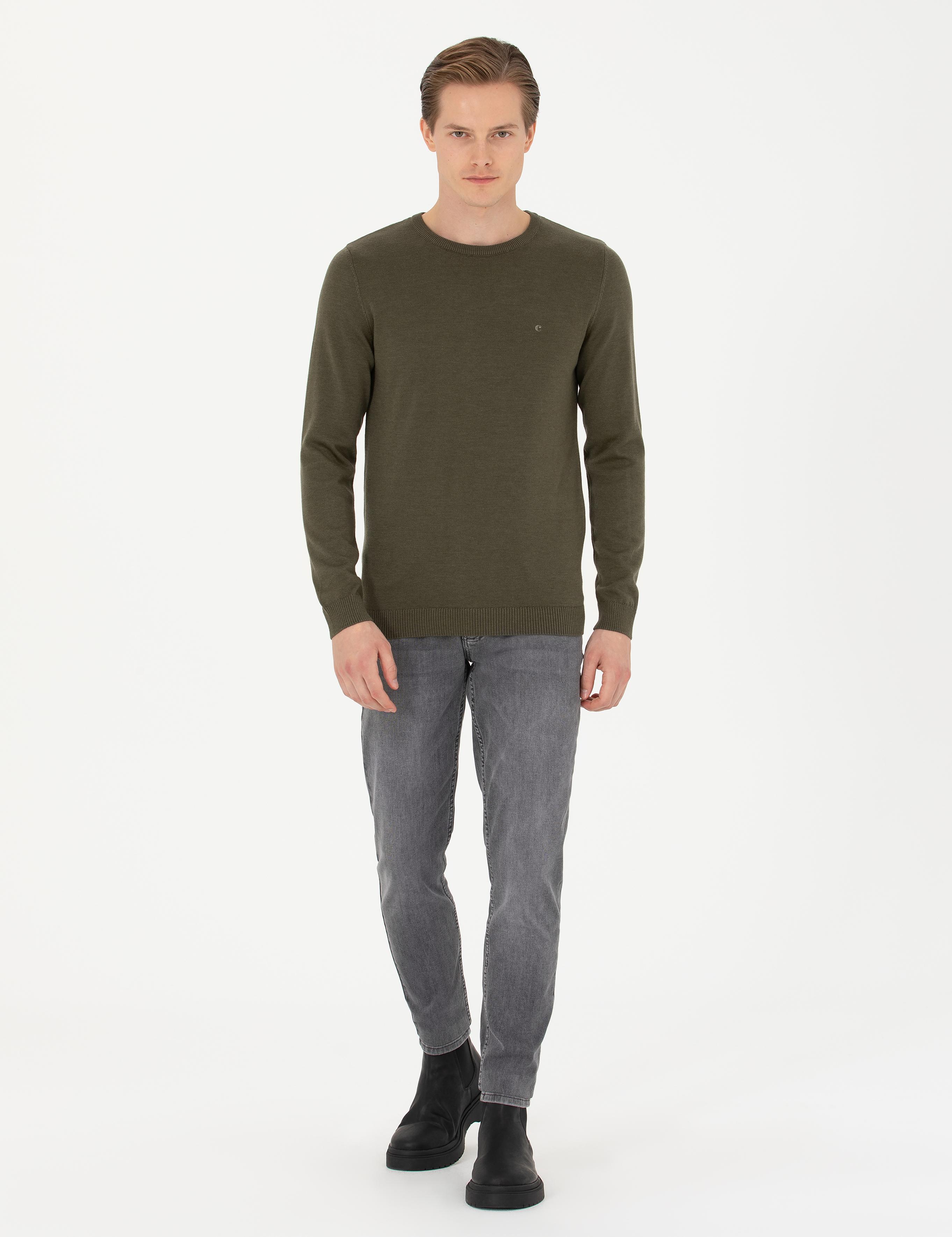 Haki Slim Fit Pamuk Karışımlı Bisiklet Yaka Basic Triko Kazak - 50270175053