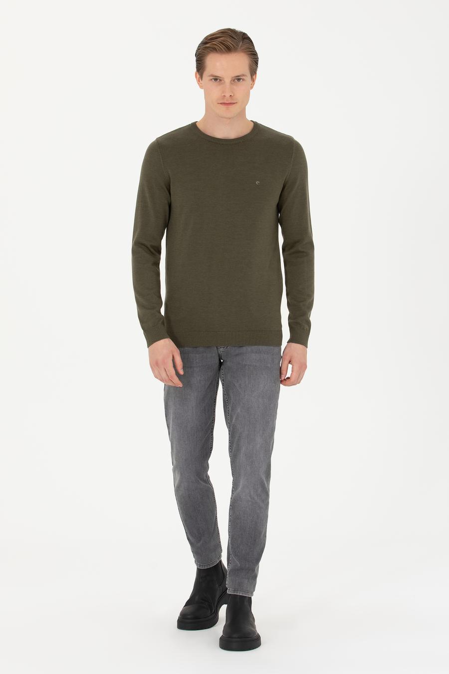 Haki Slim Fit Pamuk Karışımlı Bisiklet Yaka Basic Triko Kazak - 50270175053