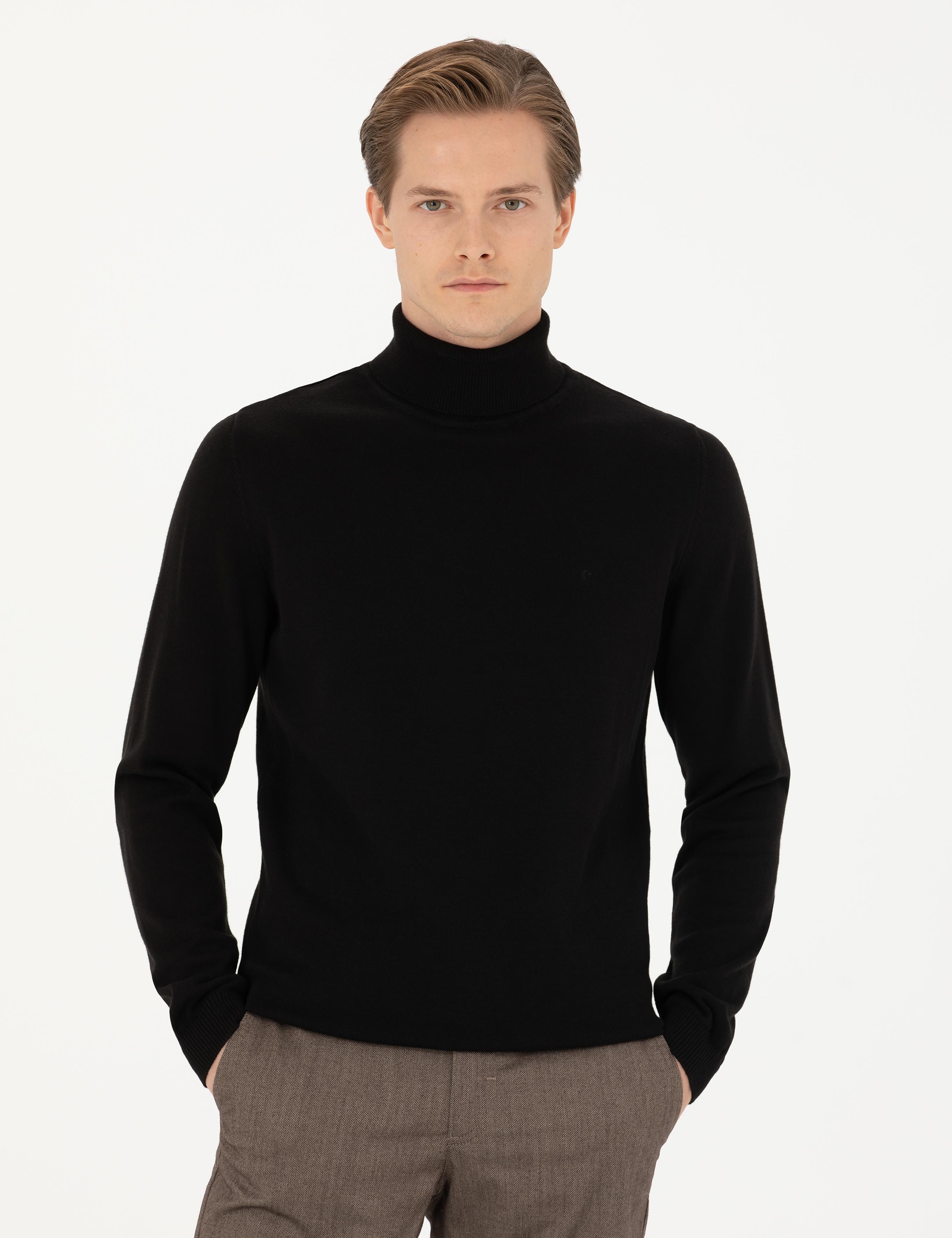 Siyah Slim Fit Pamuk Karışımlı Balıkçı Yaka Basic Triko Kazak - 50270164014