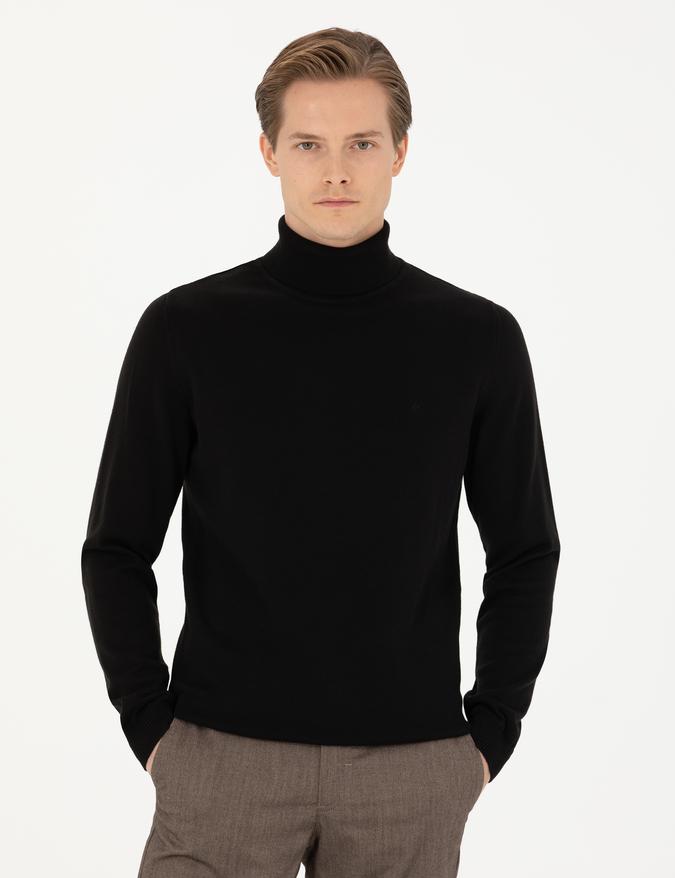 Siyah Slim Fit Pamuk Karışımlı Balıkçı Yaka Basic Triko Kazak