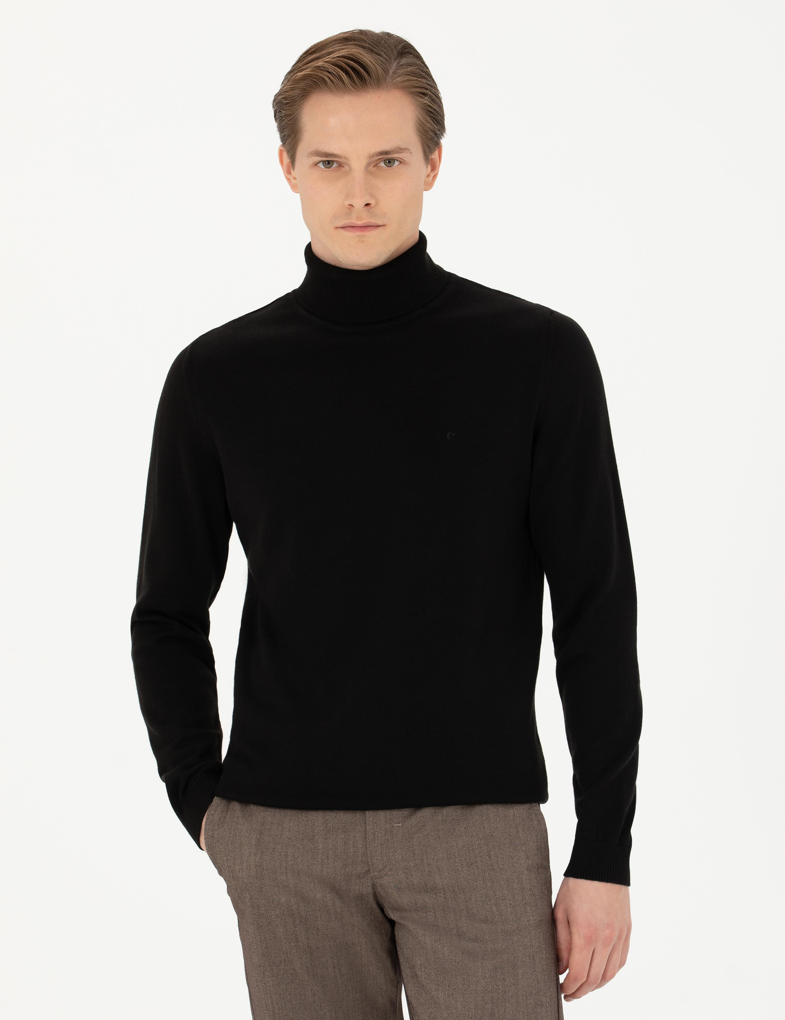Siyah Slim Fit Pamuk Karışımlı Balıkçı Yaka Basic Triko Kazak - 50270164014