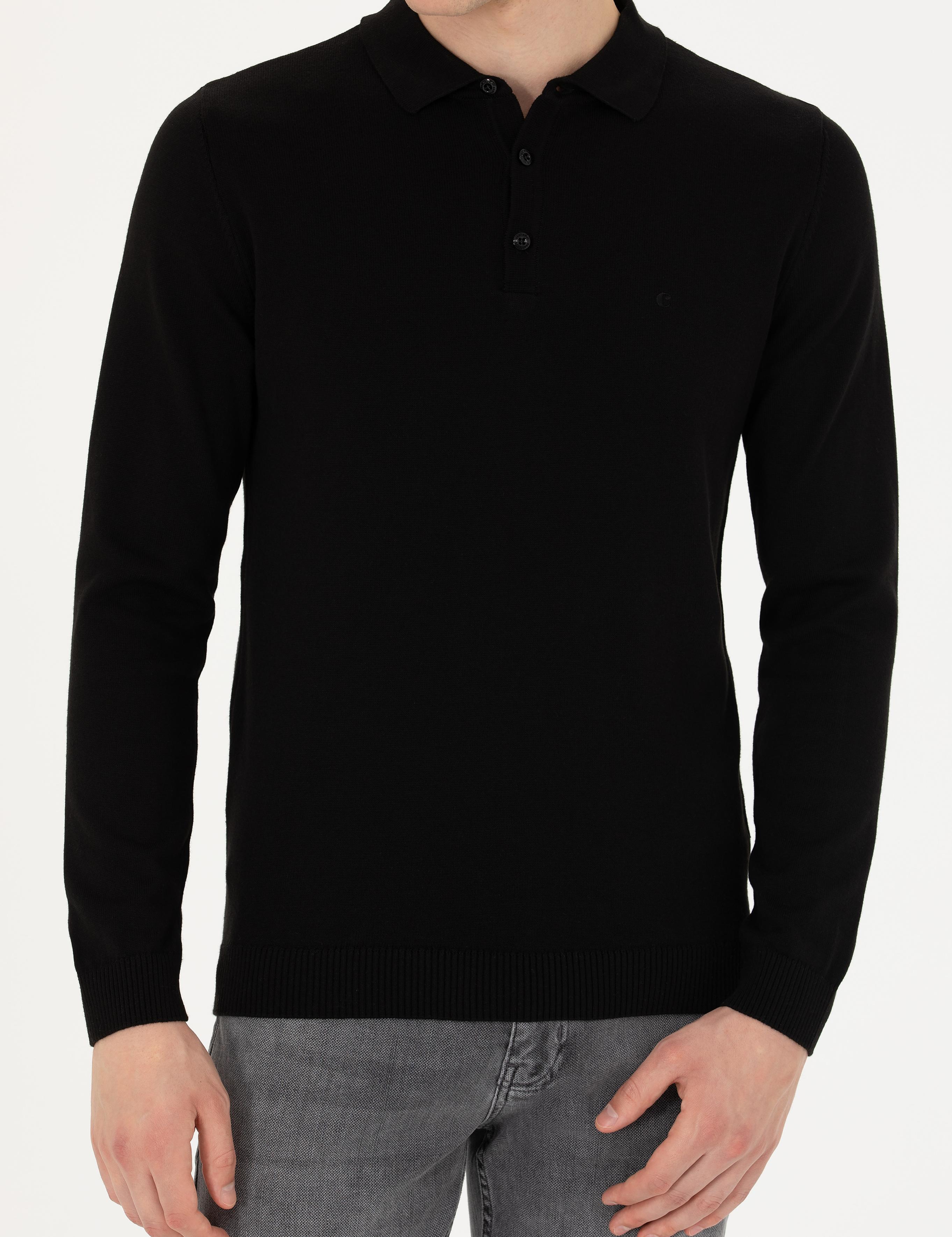 Siyah Slim Fit Pamuk Karışımlı Polo Yaka Basic Triko Kazak - 50274546061