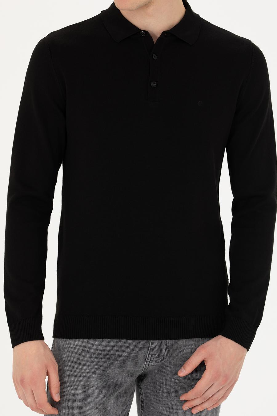 Siyah Slim Fit Pamuk Karışımlı Polo Yaka Basic Triko Kazak - 50274546061