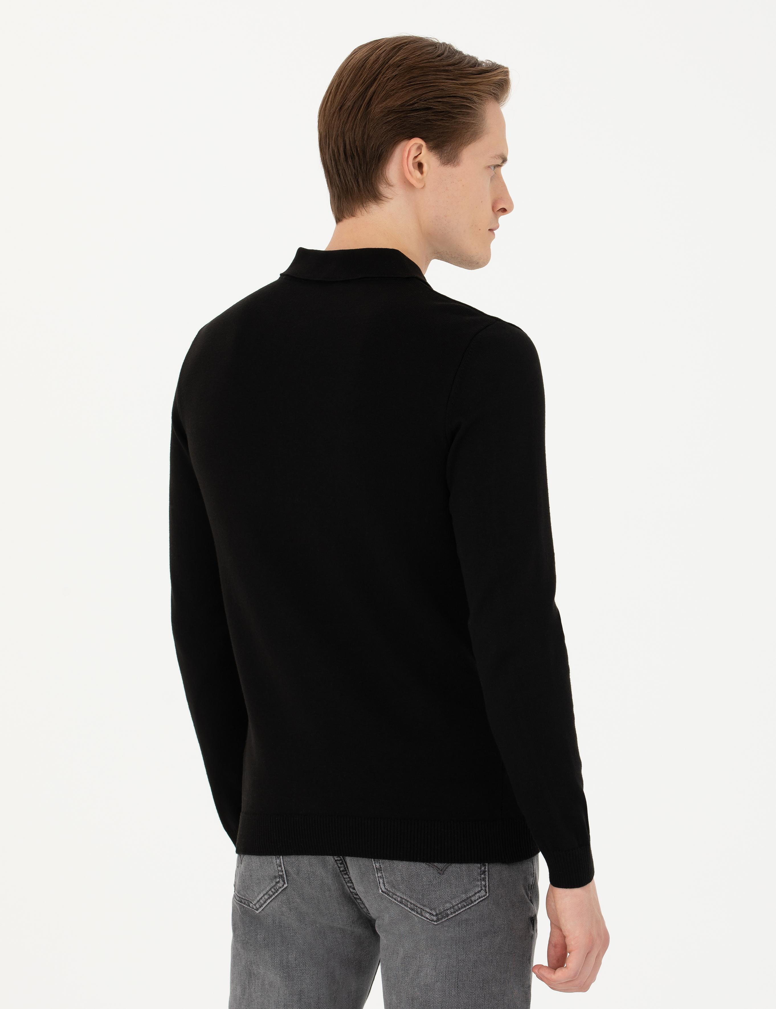 Siyah Slim Fit Pamuk Karışımlı Polo Yaka Basic Triko Kazak - 50274546061