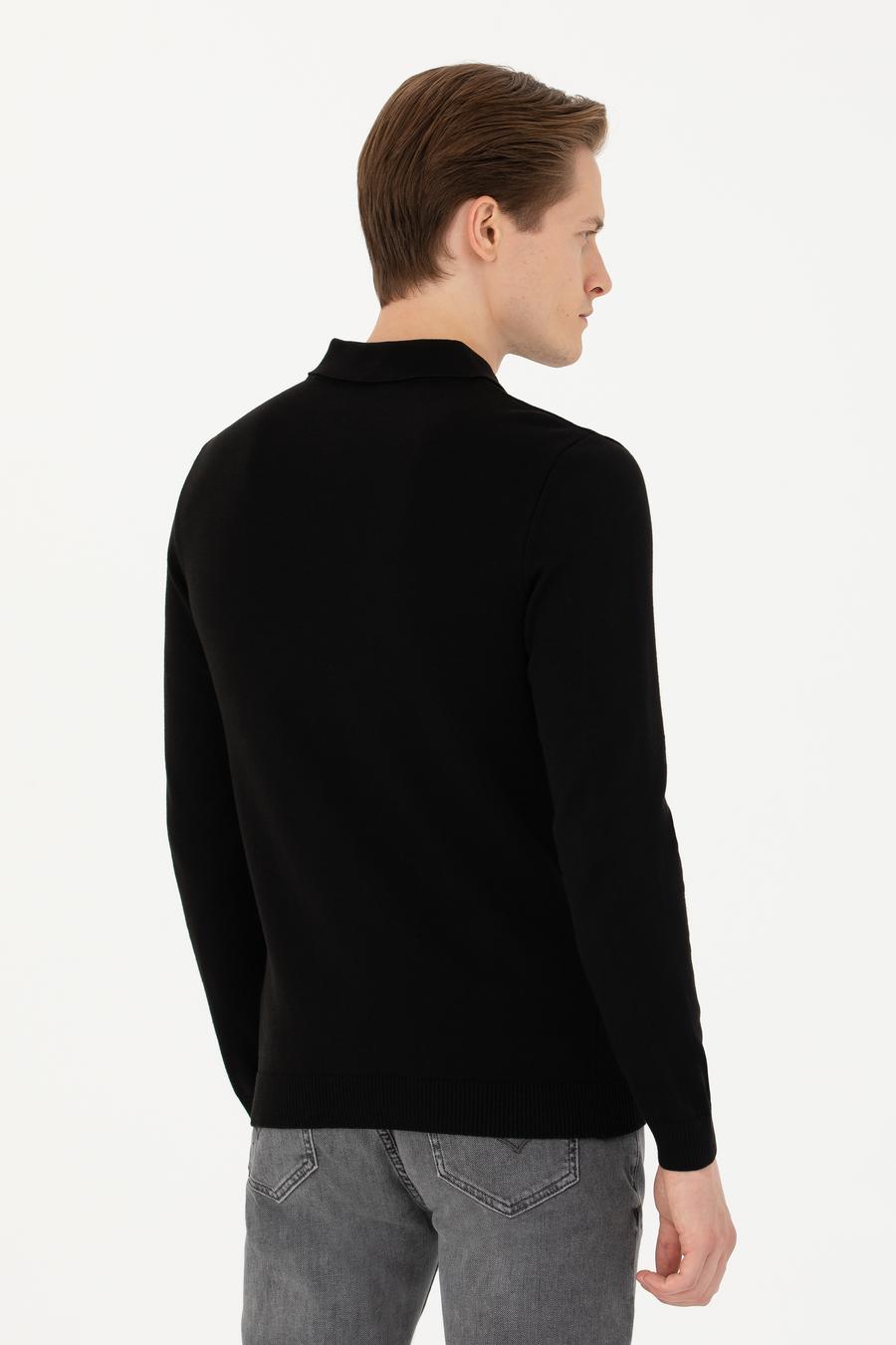 Siyah Slim Fit Pamuk Karışımlı Polo Yaka Basic Triko Kazak - 50274546061