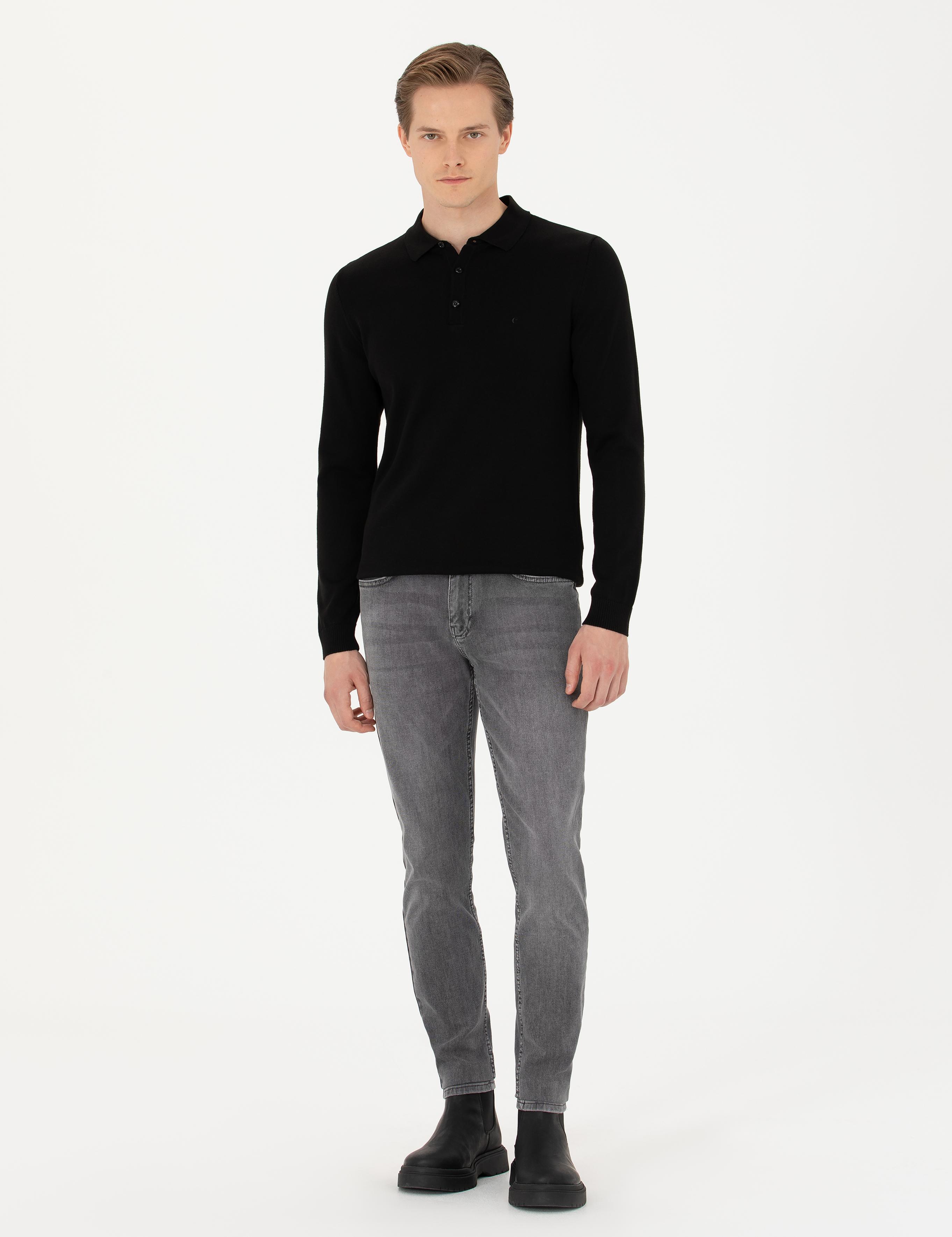 Siyah Slim Fit Pamuk Karışımlı Polo Yaka Basic Triko Kazak - 50274546061