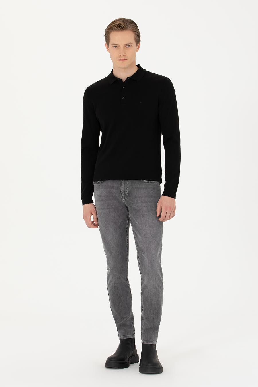 Siyah Slim Fit Pamuk Karışımlı Polo Yaka Basic Triko Kazak - 50274546061