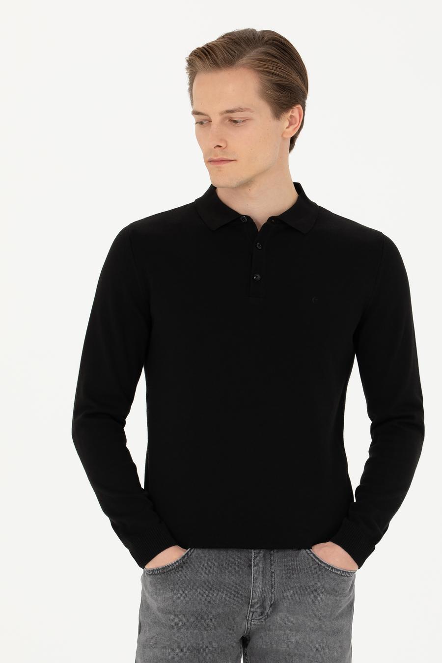 Siyah Slim Fit Pamuk Karışımlı Polo Yaka Basic Triko Kazak - 50274546061