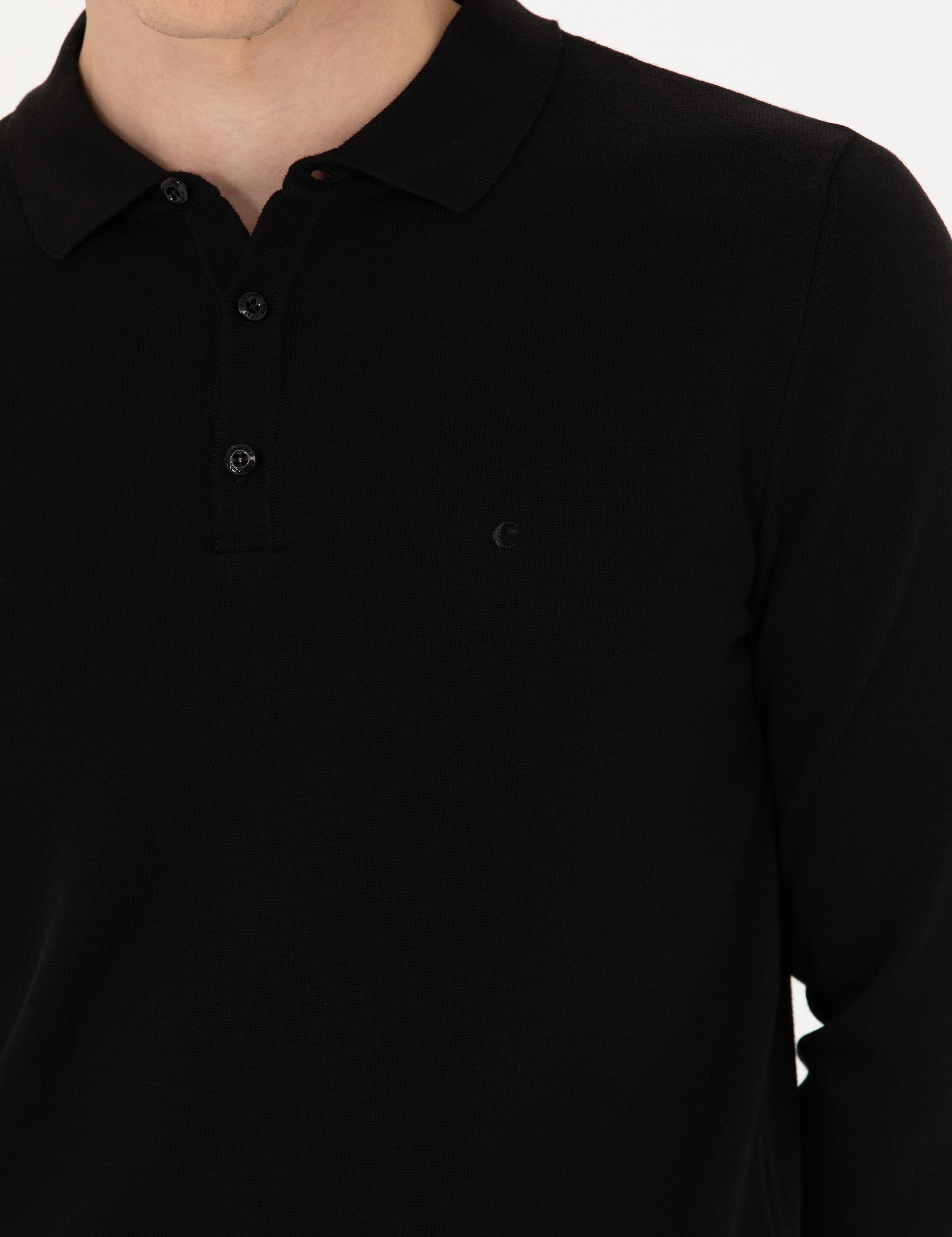 Siyah Slim Fit Pamuk Karışımlı Polo Yaka Basic Triko Kazak - 50274546061