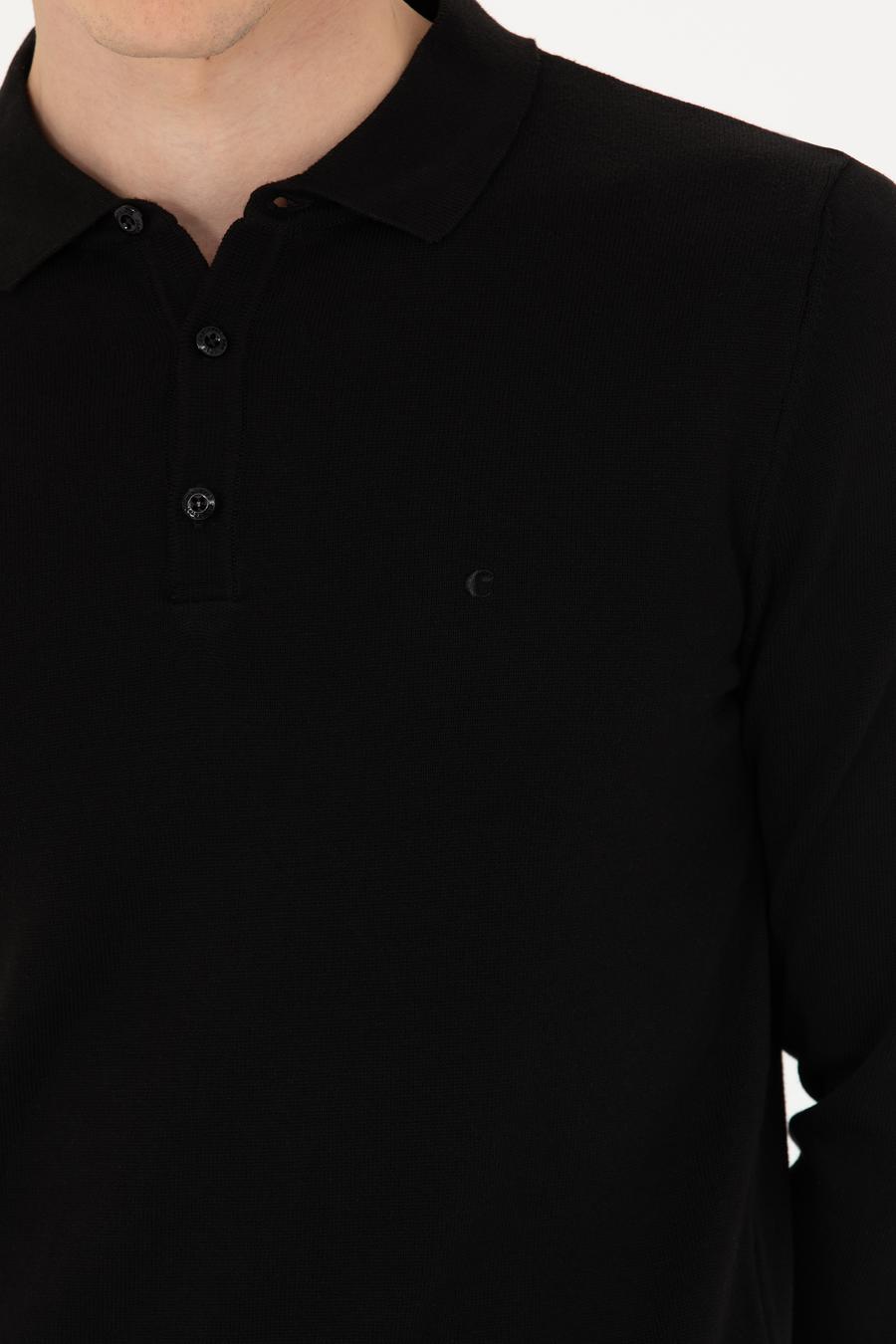 Siyah Slim Fit Pamuk Karışımlı Polo Yaka Basic Triko Kazak - 50274546061