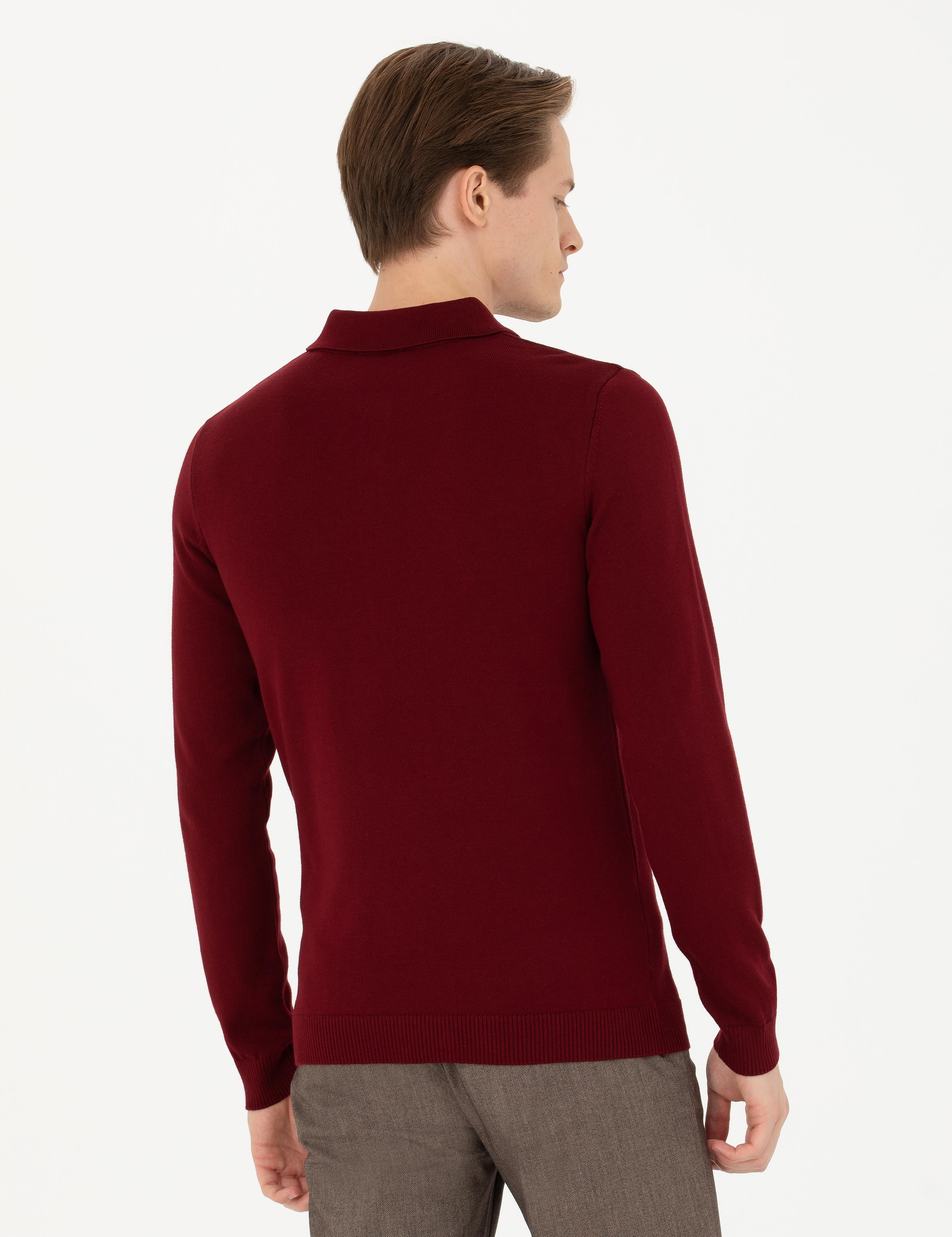 Bordo Slim Fit Pamuk Karışımlı Polo Yaka Basic Triko Kazak - 50274546006