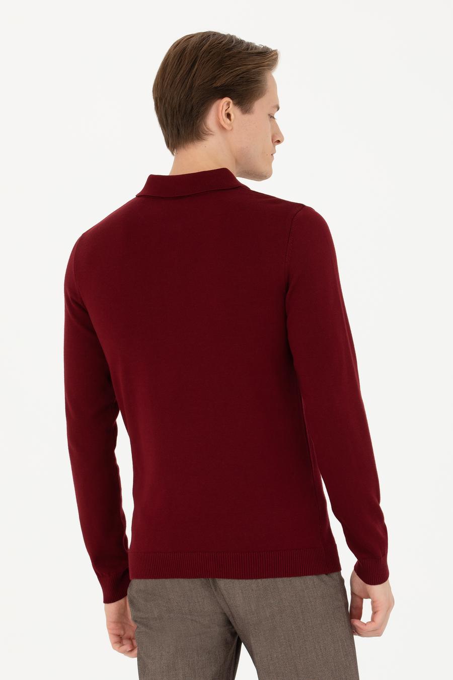 Bordo Slim Fit Pamuk Karışımlı Polo Yaka Basic Triko Kazak - 50274546006