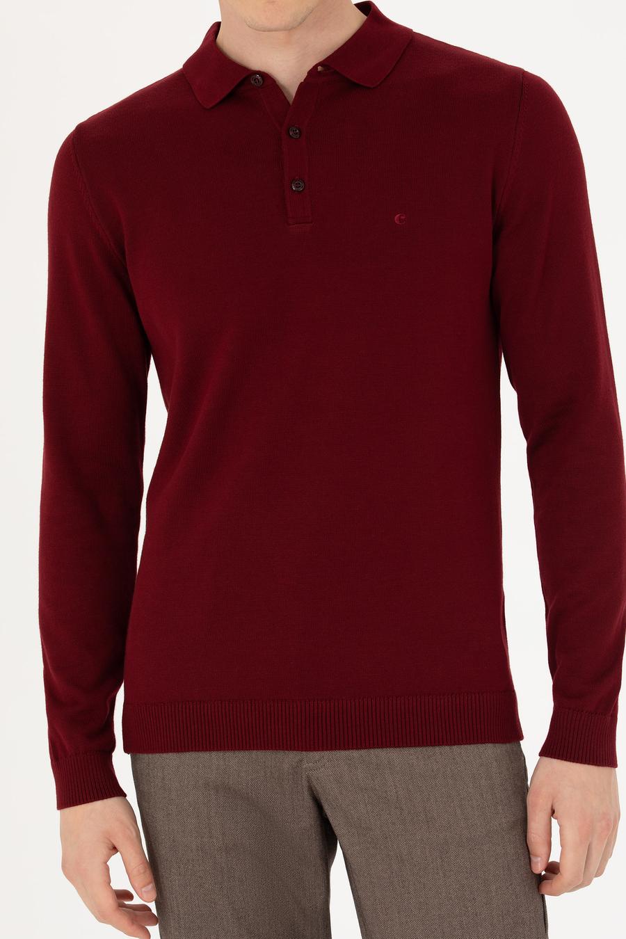 Bordo Slim Fit Pamuk Karışımlı Polo Yaka Basic Triko Kazak - 50274546006