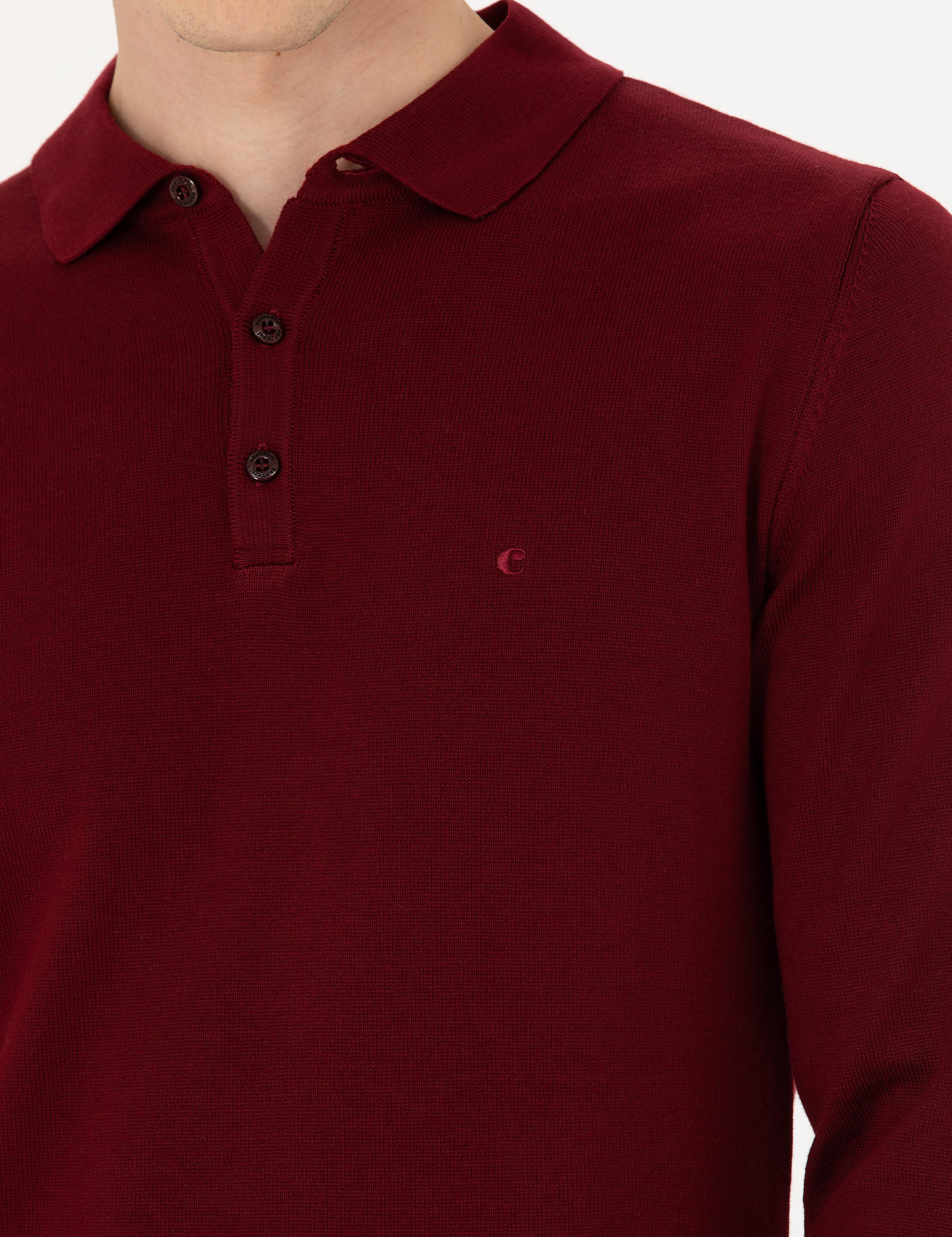 Bordo Slim Fit Pamuk Karışımlı Polo Yaka Basic Triko Kazak - 50274546006