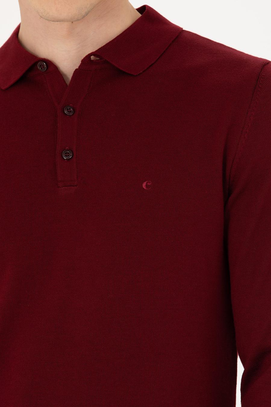 Bordo Slim Fit Pamuk Karışımlı Polo Yaka Basic Triko Kazak - 50274546006