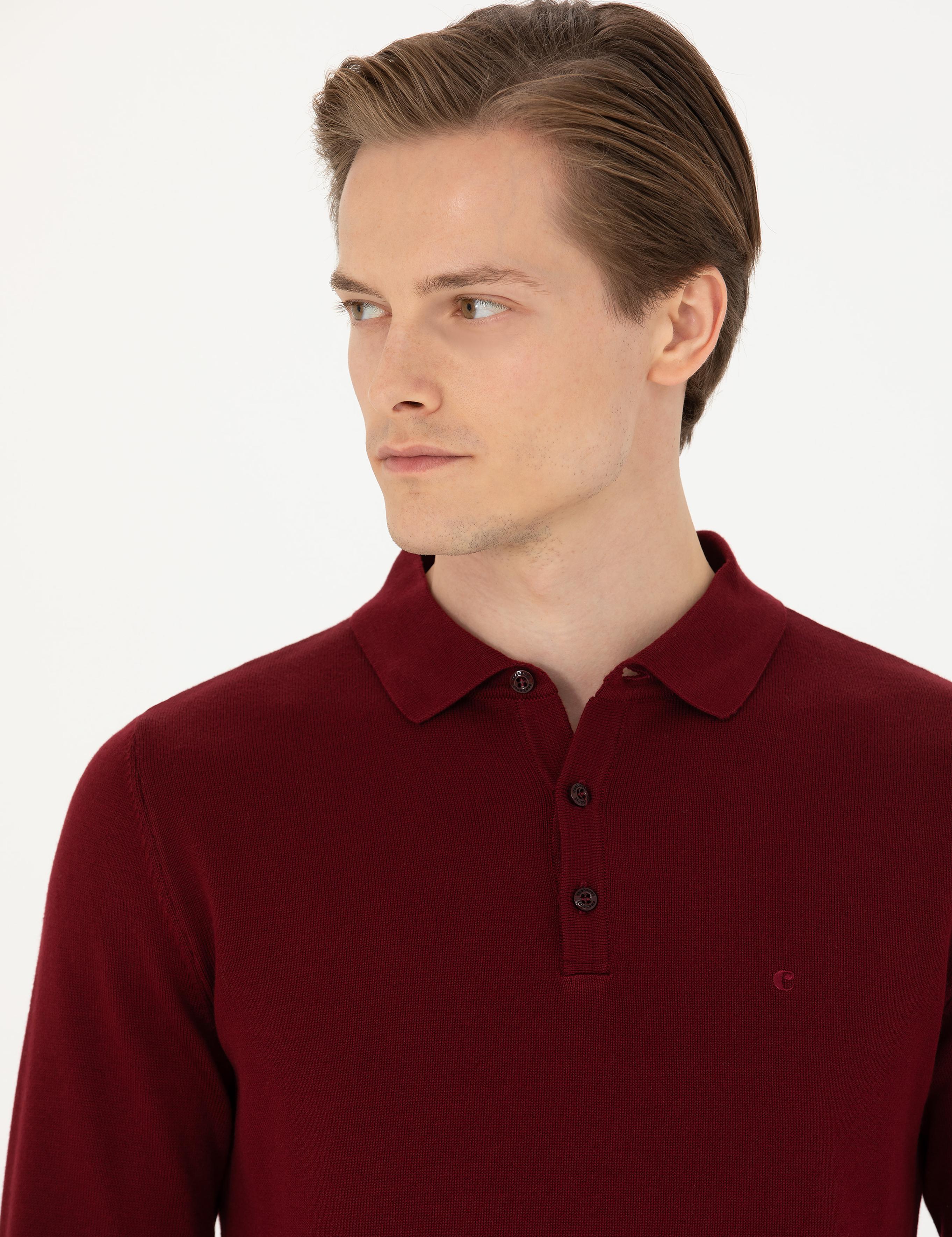 Bordo Slim Fit Pamuk Karışımlı Polo Yaka Basic Triko Kazak - 50274546006