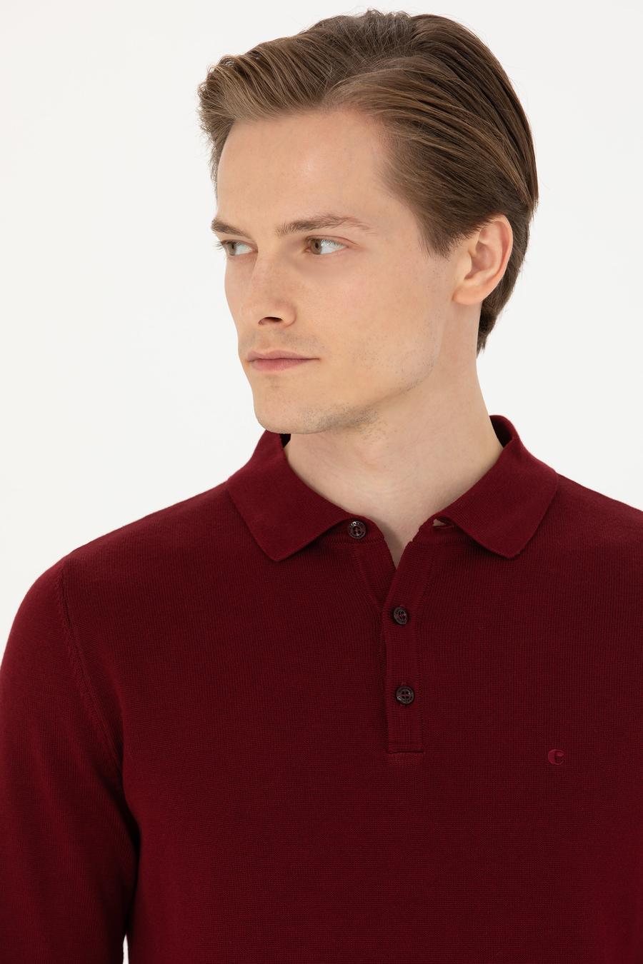 Bordo Slim Fit Pamuk Karışımlı Polo Yaka Basic Triko Kazak - 50274546006