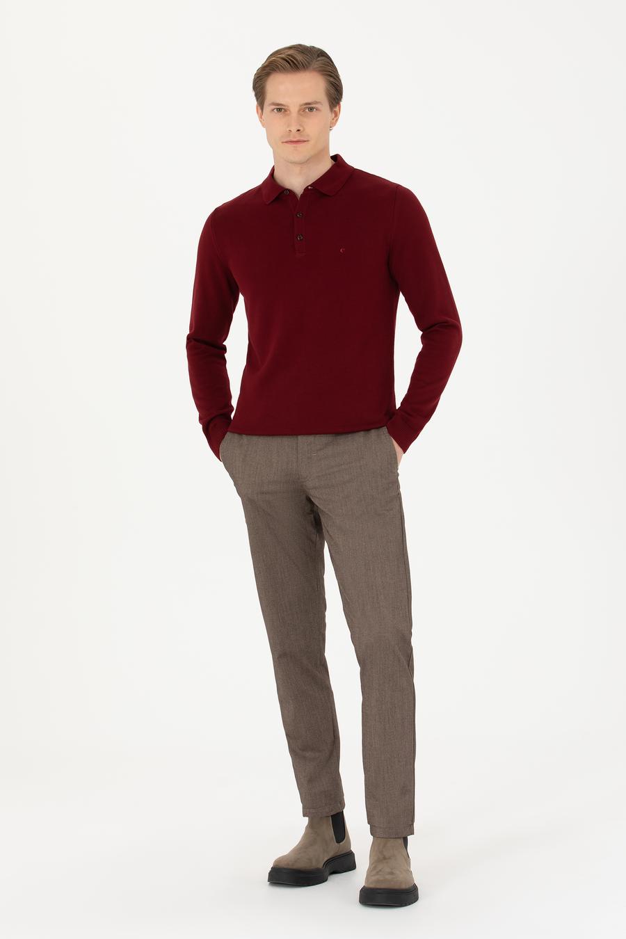 Bordo Slim Fit Pamuk Karışımlı Polo Yaka Basic Triko Kazak - 50274546006