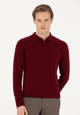 Bordo Slim Fit Pamuk Karışımlı Polo Yaka Basic Triko Kazak