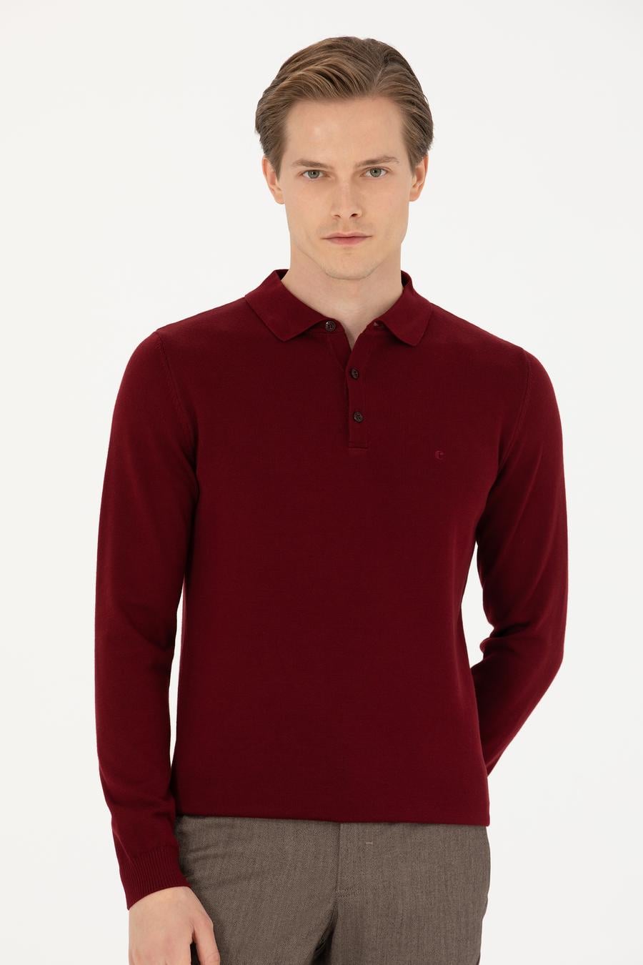 Bordo Slim Fit Pamuk Karışımlı Polo Yaka Basic Triko Kazak - 50274546006