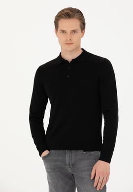 Siyah Slim Fit Pamuk Karışımlı Polo Yaka Basic Triko Kazak