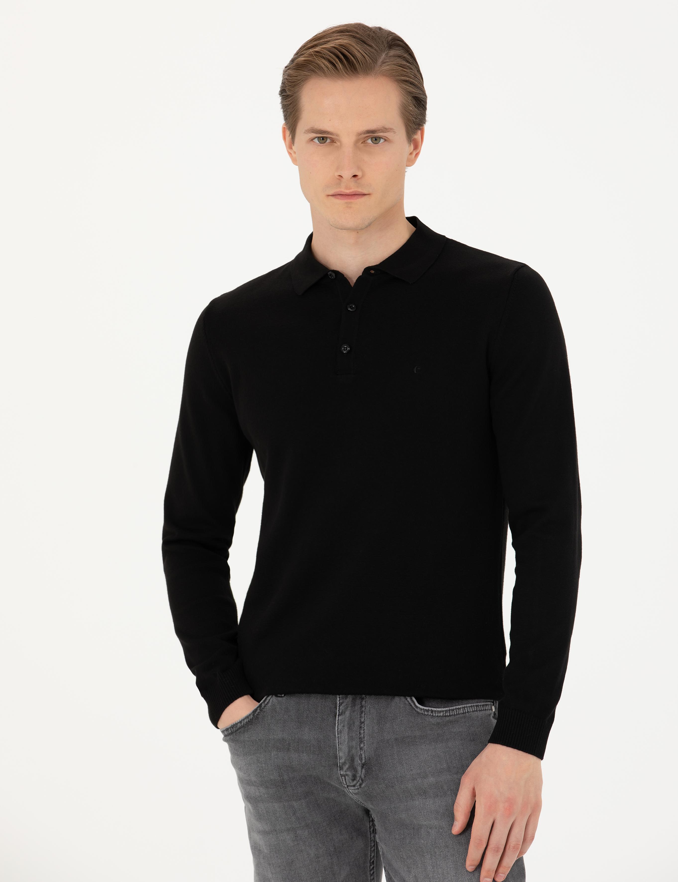 Siyah Slim Fit Pamuk Karışımlı Polo Yaka Basic Triko Kazak - 50274546061