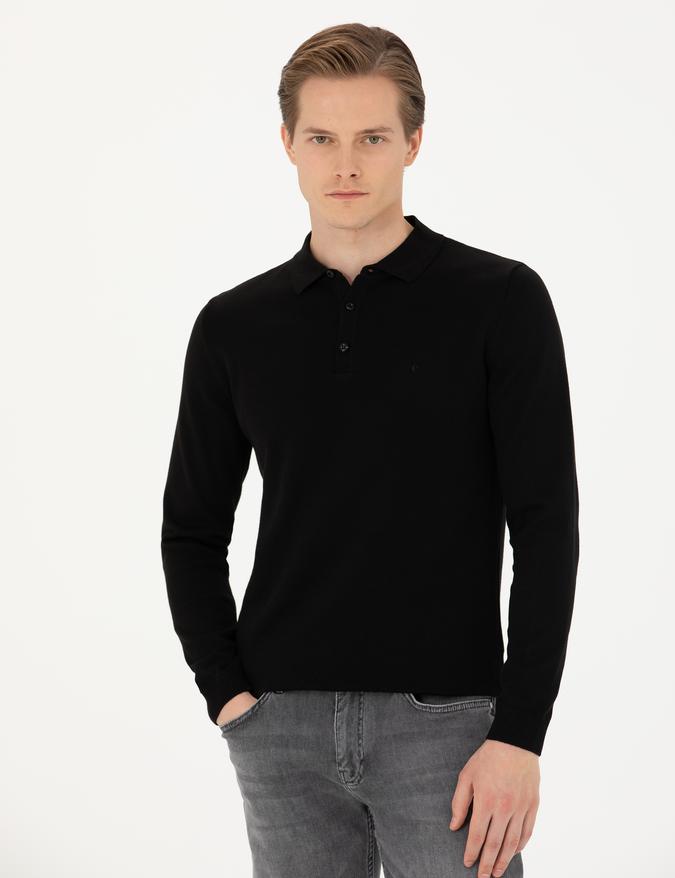 Siyah Slim Fit Pamuk Karışımlı Polo Yaka Basic Triko Kazak