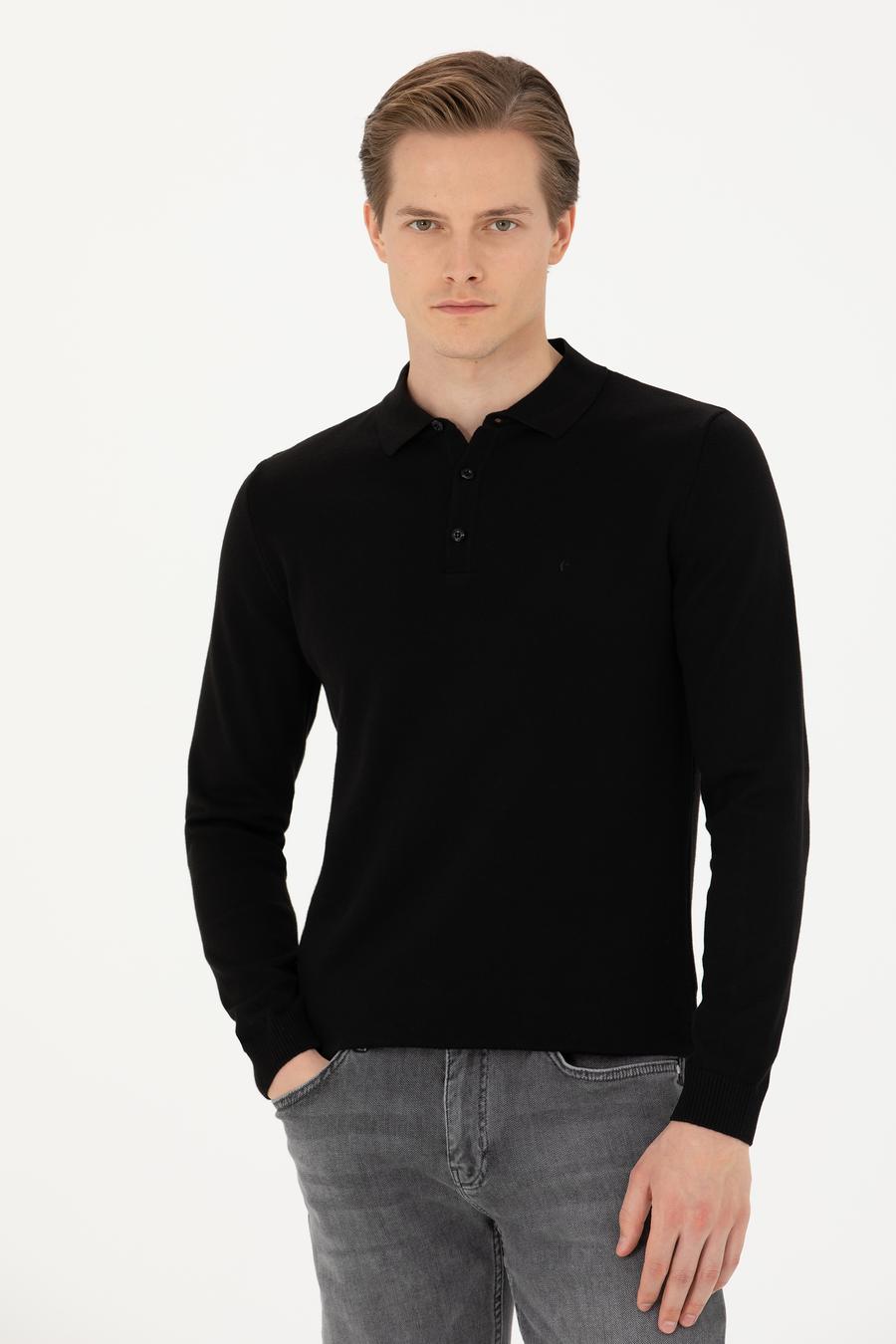 Siyah Slim Fit Pamuk Karışımlı Polo Yaka Basic Triko Kazak - 50274546061