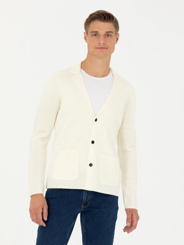 Beyaz Slim Fit Yün Karışımlı DüğmeliTriko Hırka