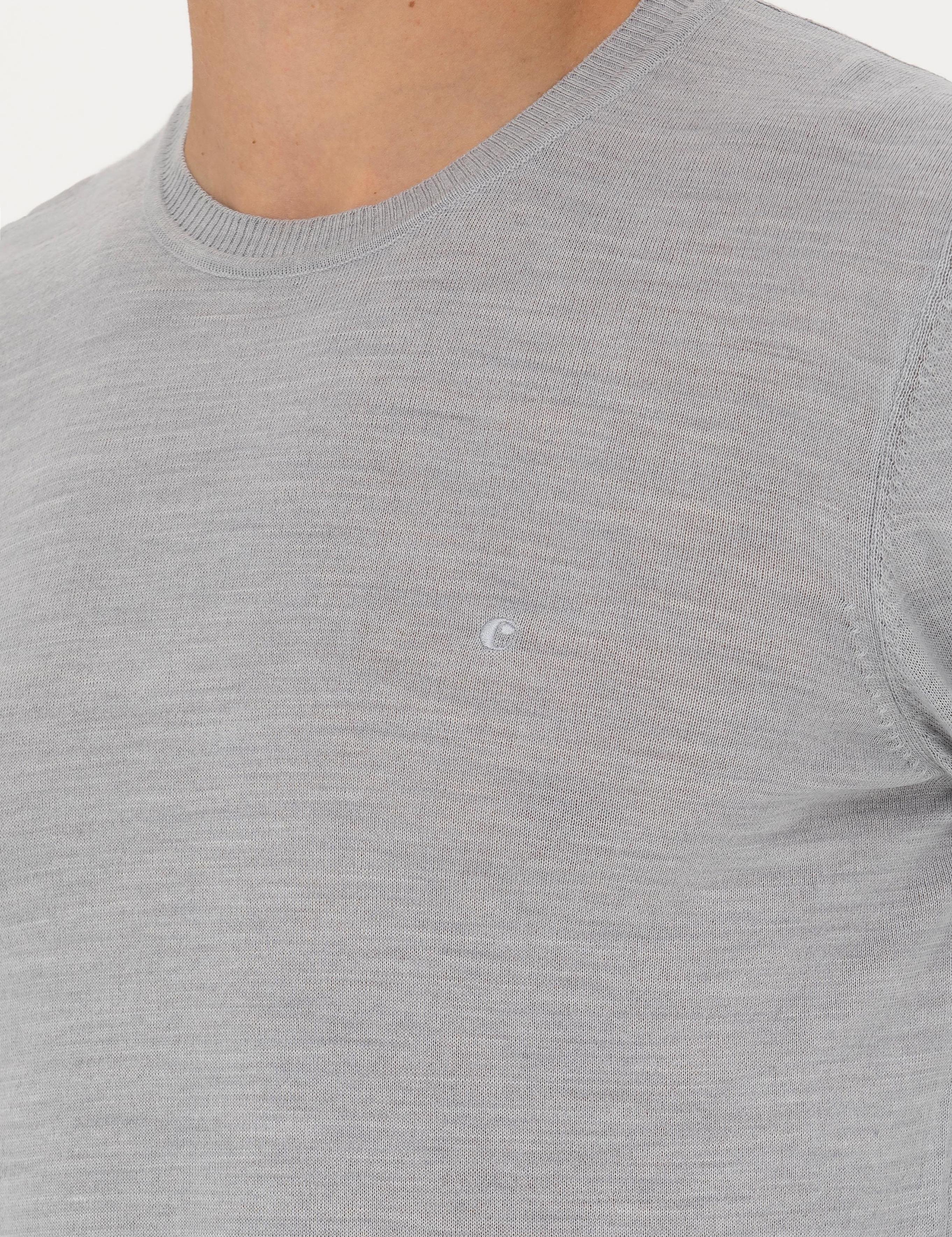 Açık Gri Slim Fit Bisiklet Yaka Triko Kazak - 50270174001
