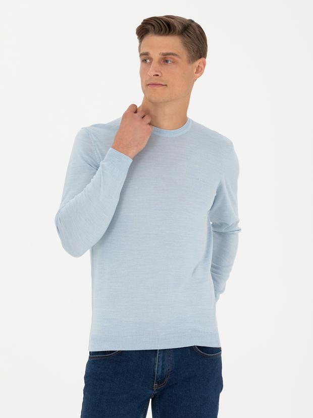 Açık Mavi Slim Fit Bisiklet Yaka Triko Kazak