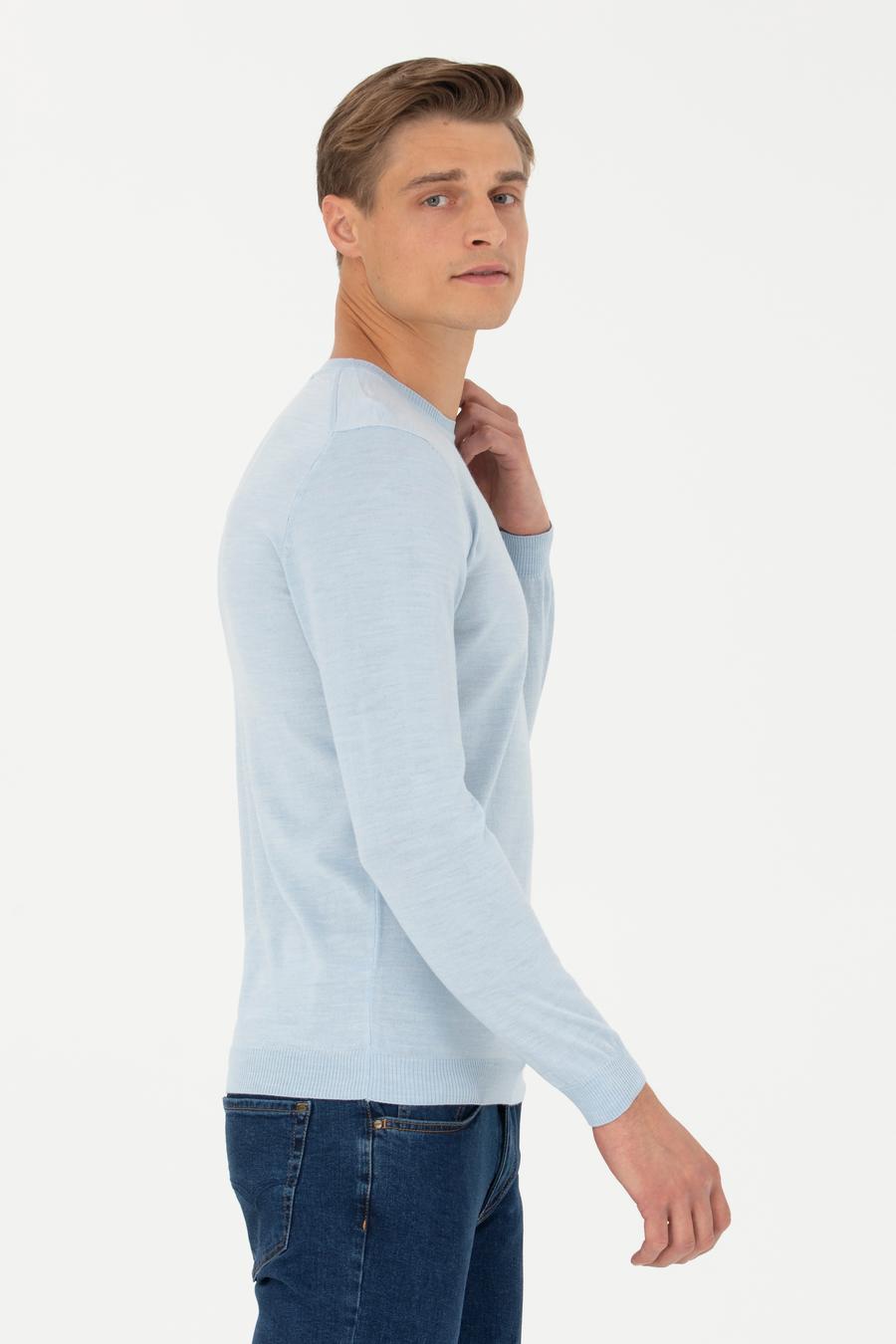 Açık Mavi Slim Fit Bisiklet Yaka Triko Kazak - 50270174223