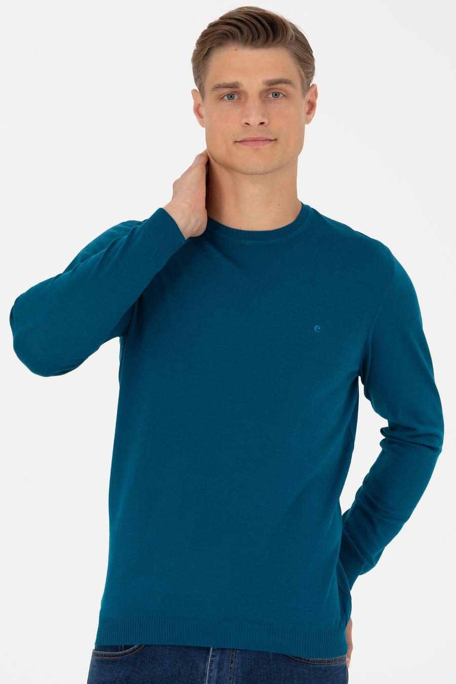 Petrol Slim Fit Bisiklet Yaka Triko Kazak - 50270174243
