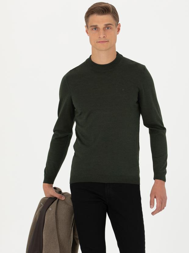 Haki Slim Fit Çeyrek Balıkçı Yaka Triko Kazak