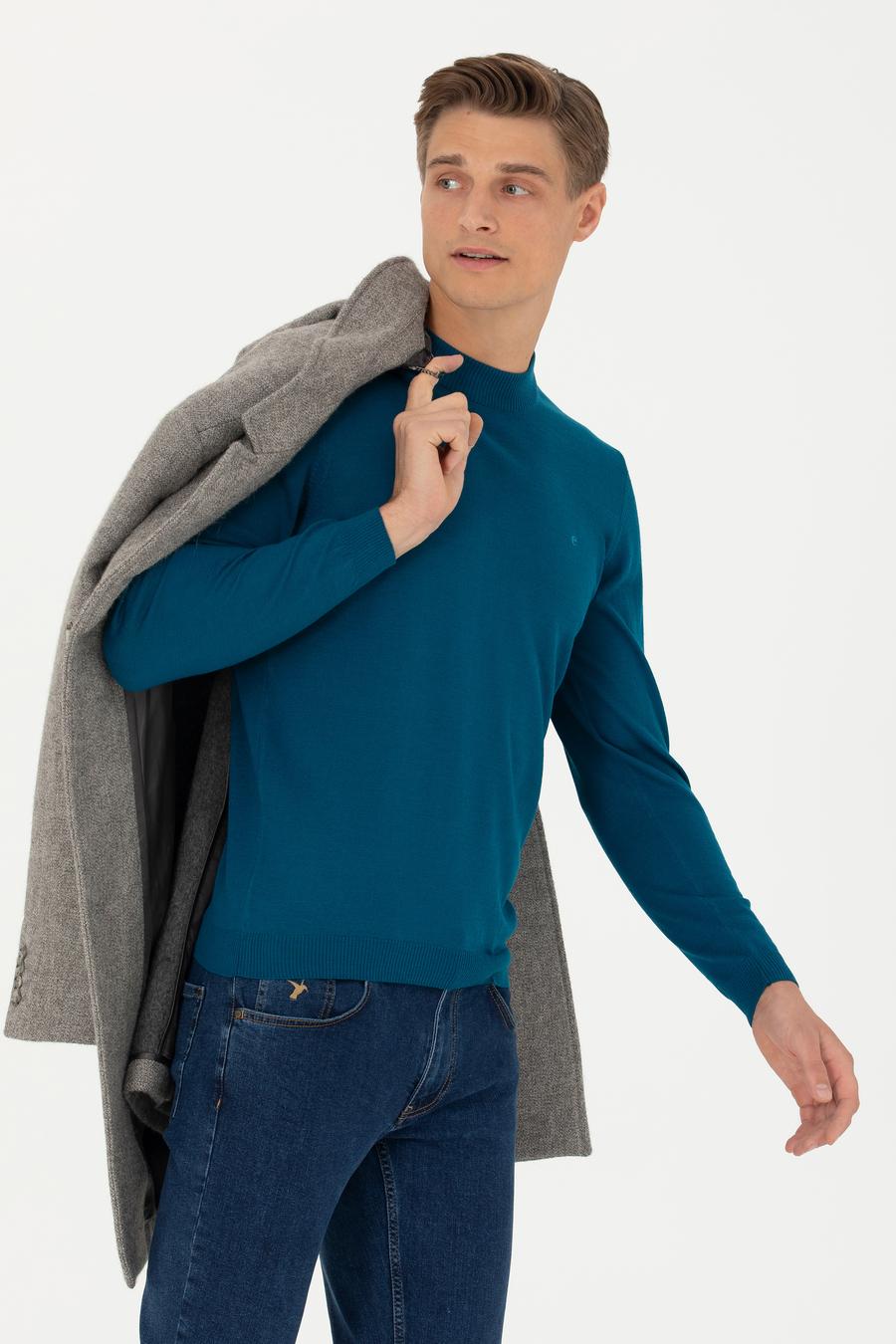 Petrol Slim Fit Çeyrek Balıkçı Yaka Triko Kazak - 50276521061