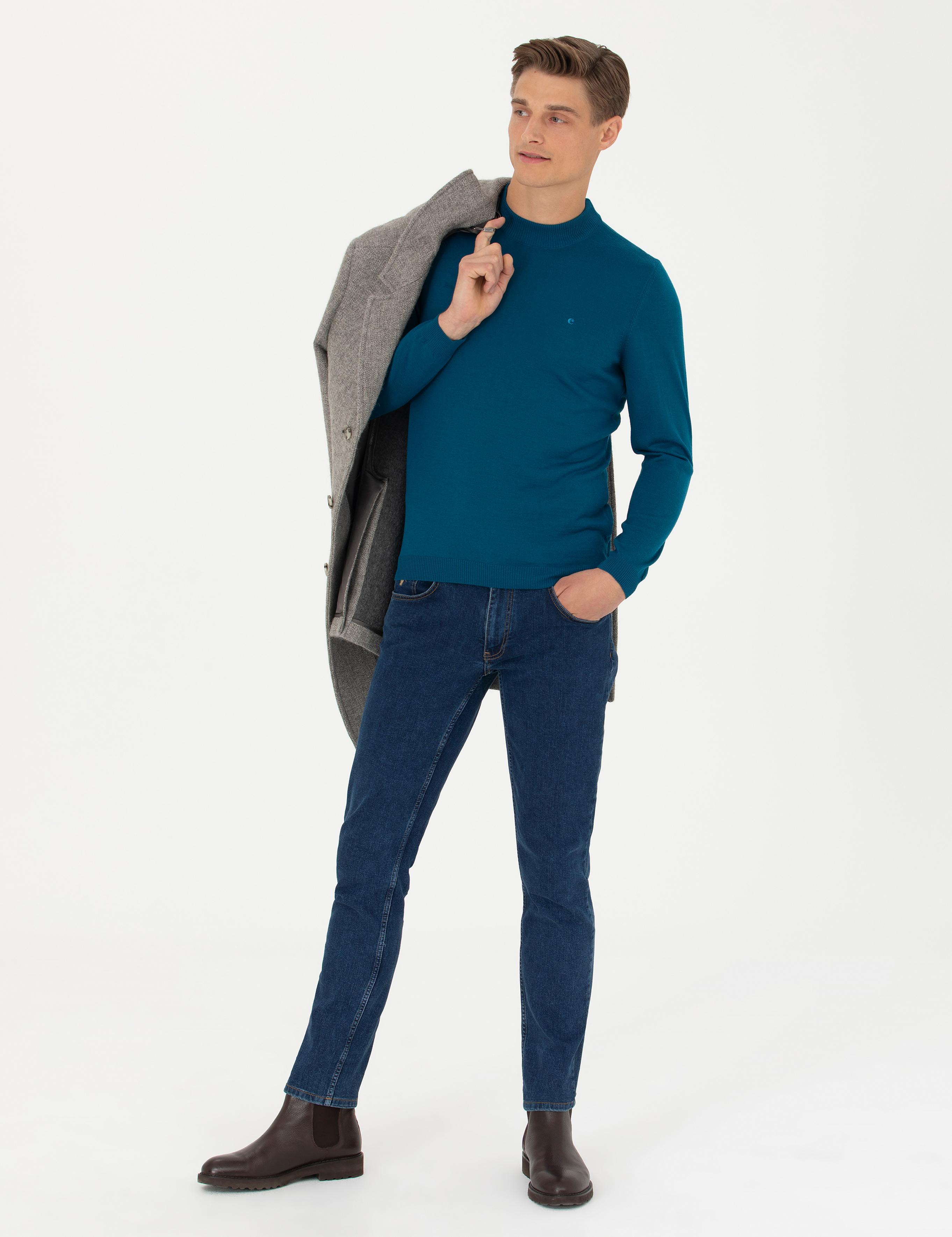 Petrol Slim Fit Çeyrek Balıkçı Yaka Triko Kazak - 50276521061