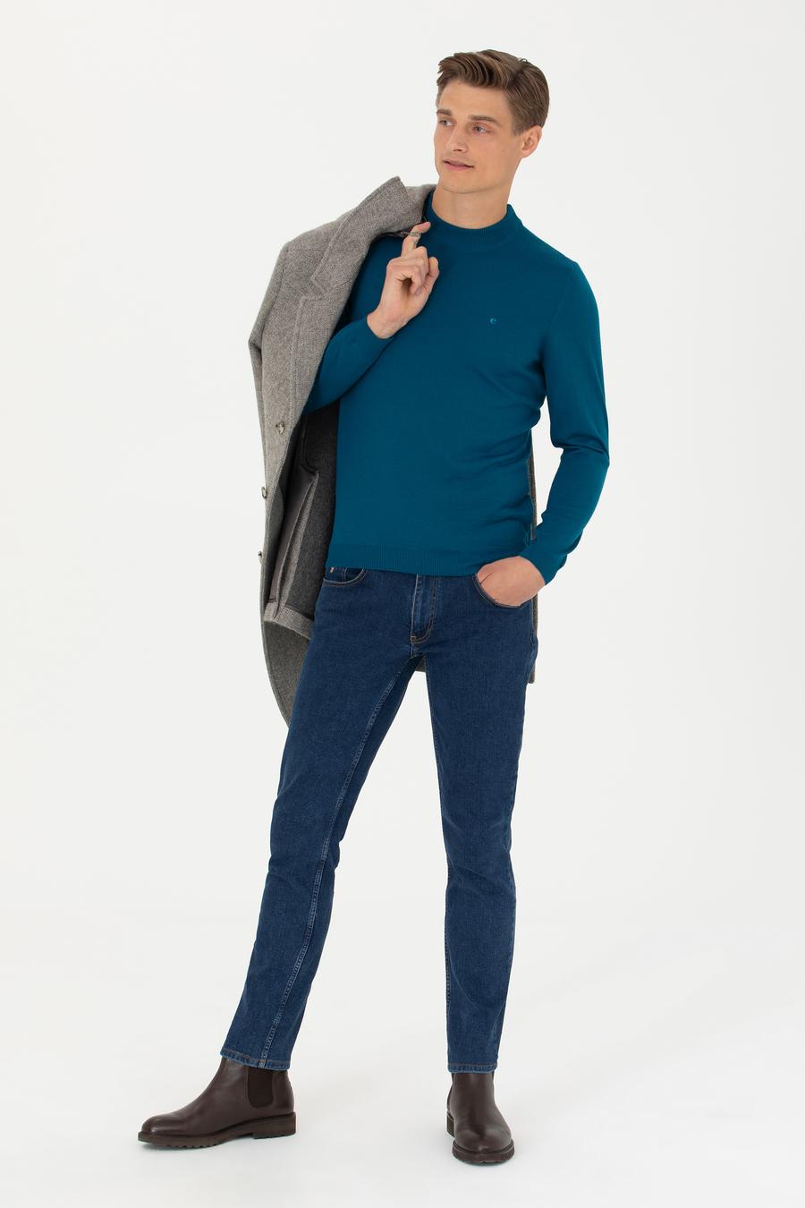 Petrol Slim Fit Çeyrek Balıkçı Yaka Triko Kazak - 50276521061