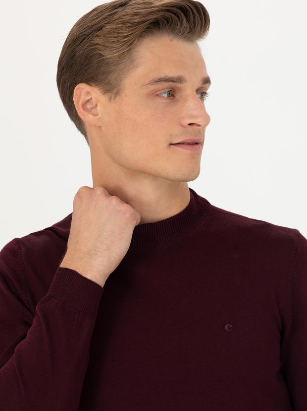 Koyu Bordo Slim Fit Çeyrek Balıkçı Yaka Triko Kazak
