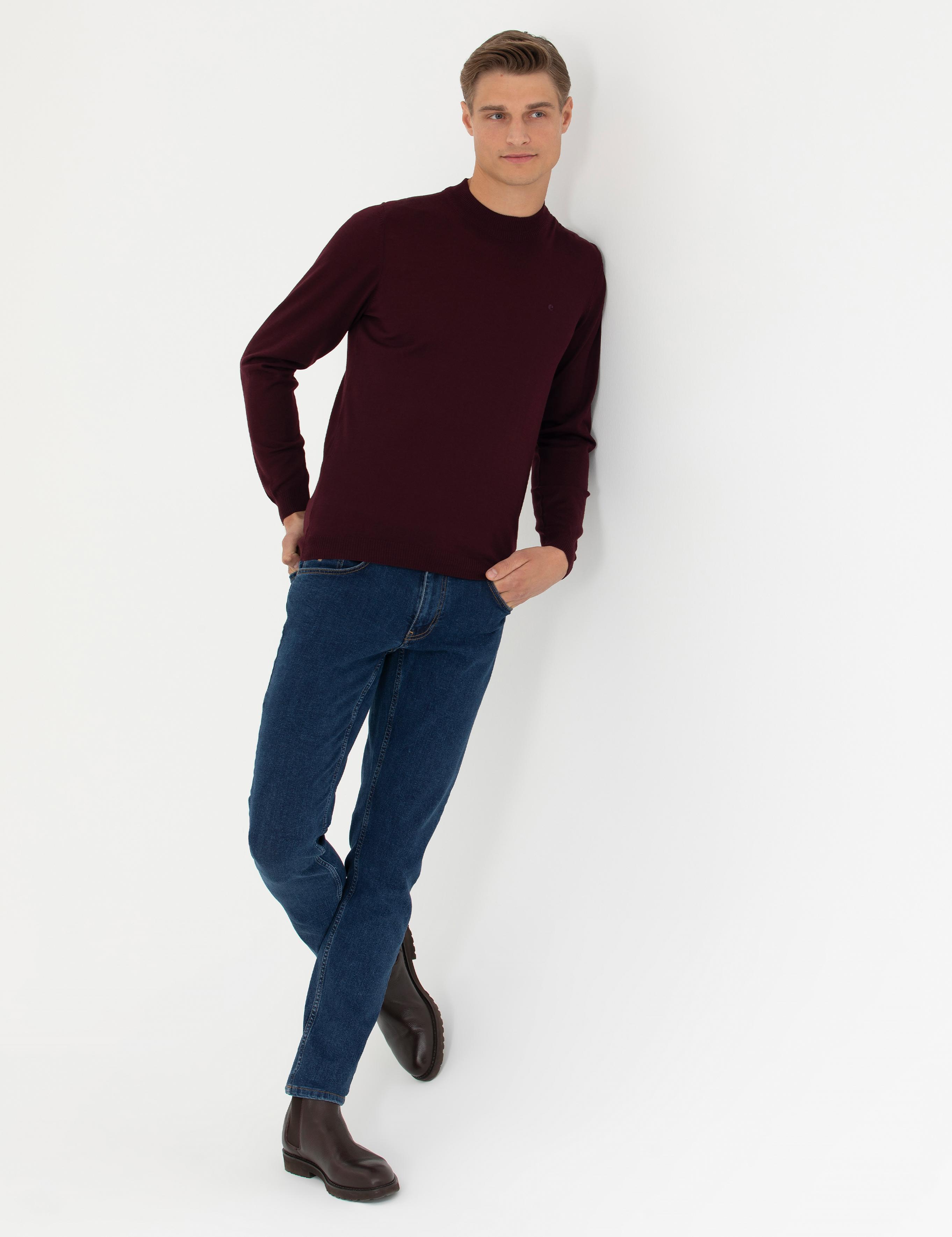 Koyu Bordo Slim Fit Çeyrek Balıkçı Yaka Triko Kazak - 50276521071