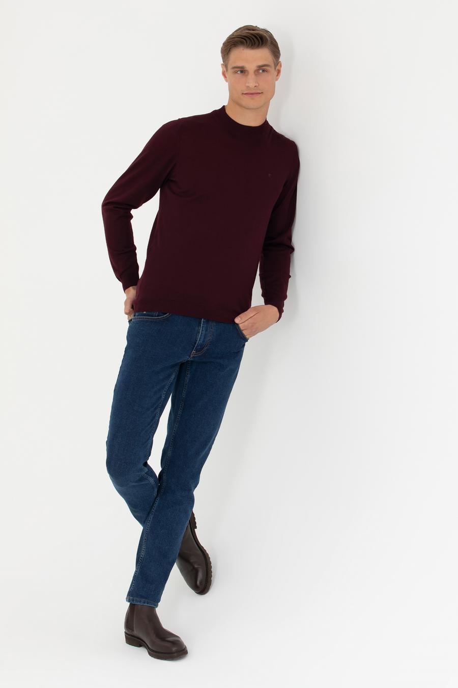 Koyu Bordo Slim Fit Çeyrek Balıkçı Yaka Triko Kazak - 50276521071