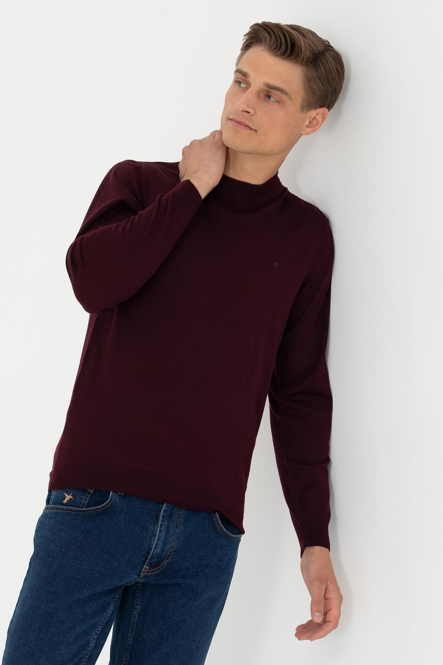 Koyu Bordo Slim Fit Çeyrek Balıkçı Yaka Triko Kazak - 50276521071