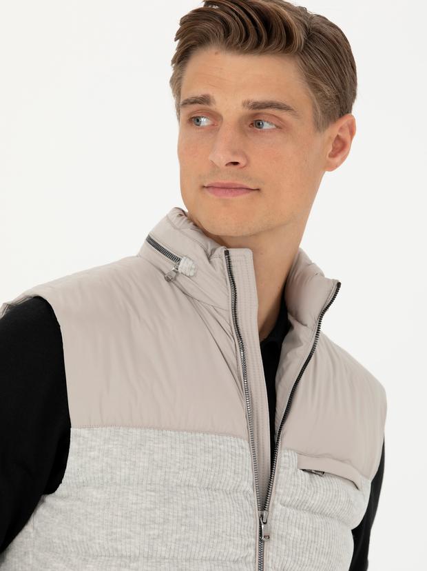 Gri Melanj Slim Fit Dolgulu Pamuk Karışımlı Mont Yelek