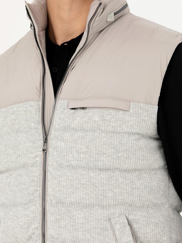 Gri Melanj Slim Fit Dolgulu Pamuk Karışımlı Mont Yelek