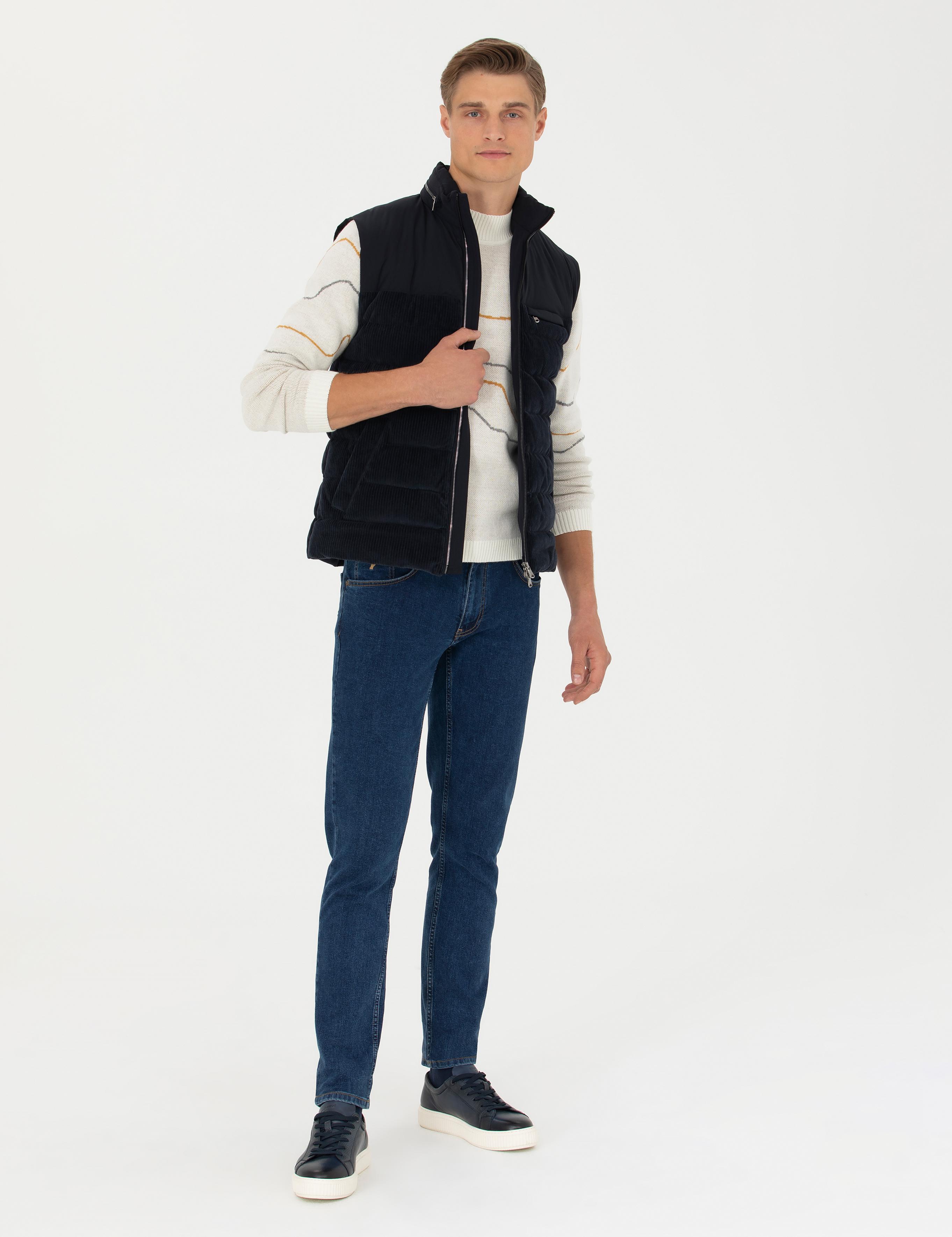 Lacivert Slim Fit Dolgulu Pamuk Karışımlı Mont Yelek - 50274460062