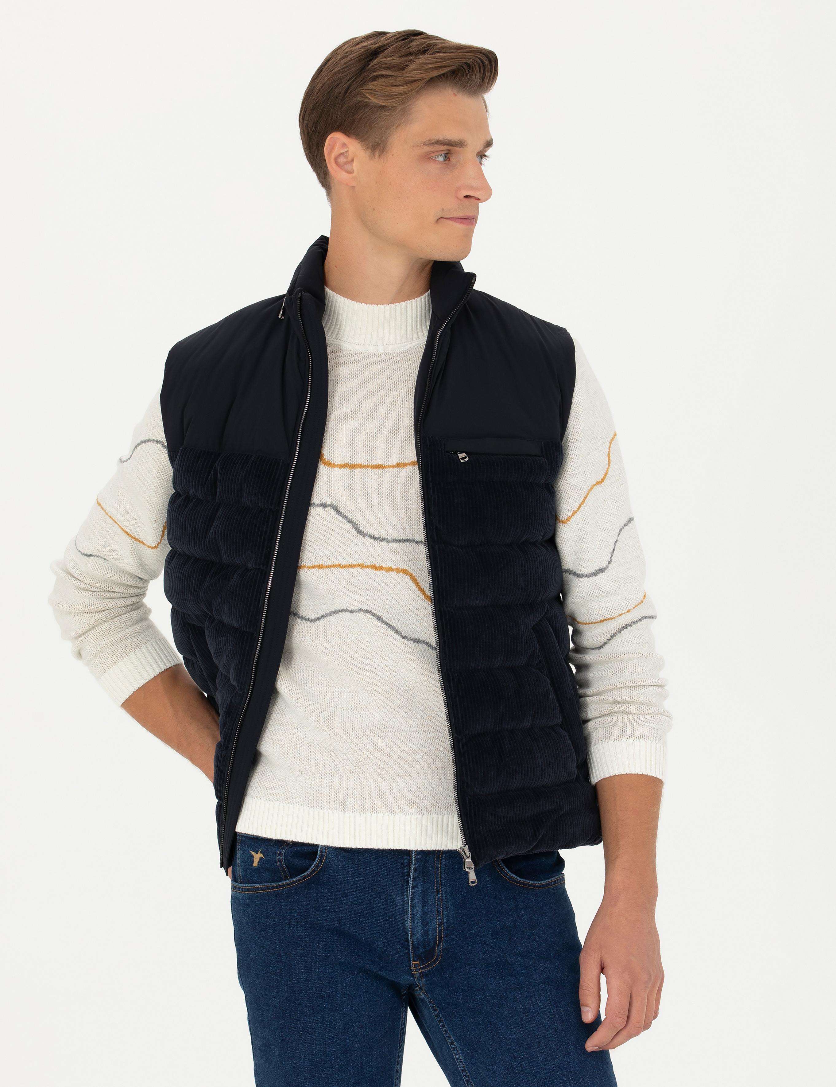 Lacivert Slim Fit Dolgulu Pamuk Karışımlı Mont Yelek - 50274460062