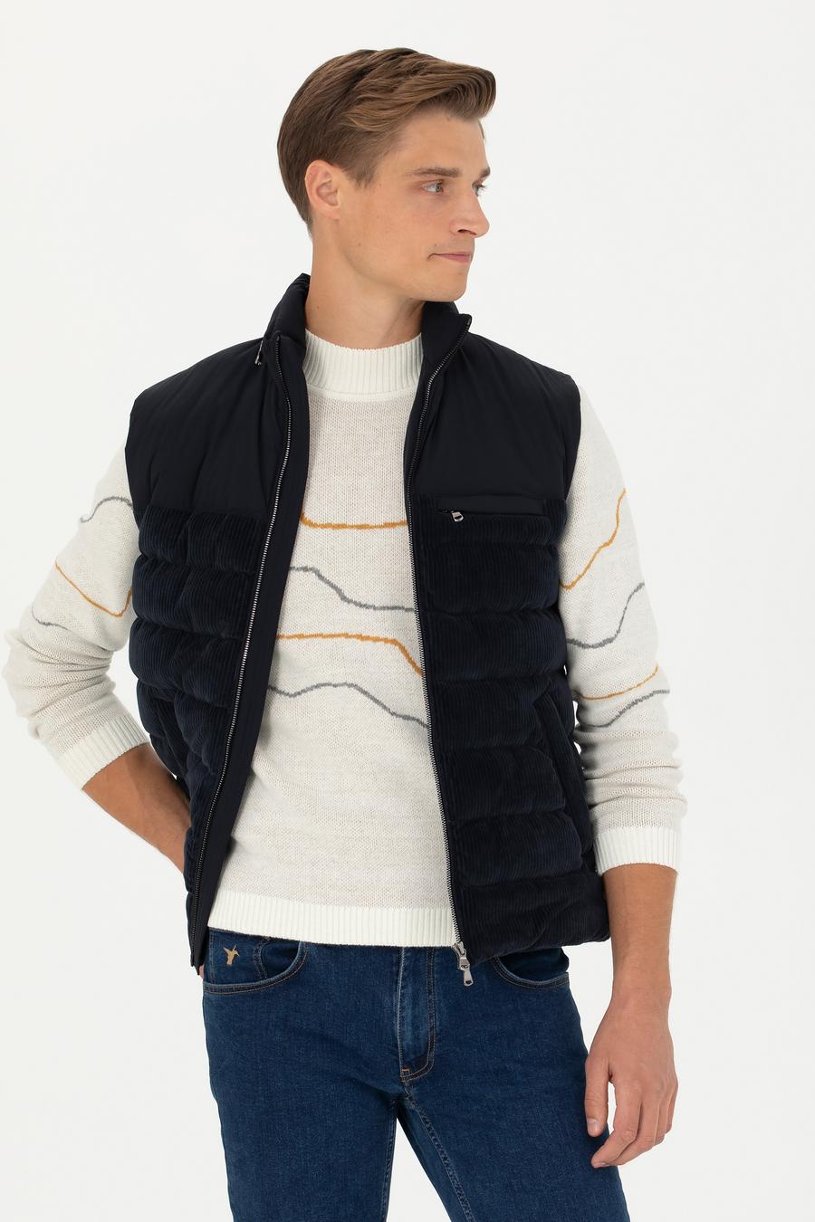 Lacivert Slim Fit Dolgulu Pamuk Karışımlı Mont Yelek - 50274460062